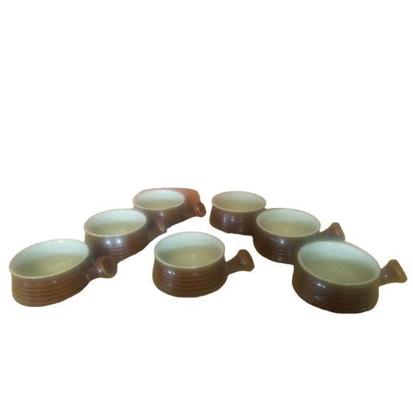 Set of 7 Vintage 1970’s Fashion House Stoneware Handled Soup Mug Crocks Brown - Picture 1 of 16